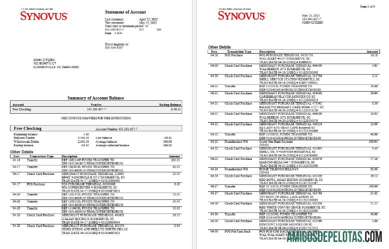 Extrato bancário Synovus dos EUA para impressão, modelo Word e PDF, 4 páginas